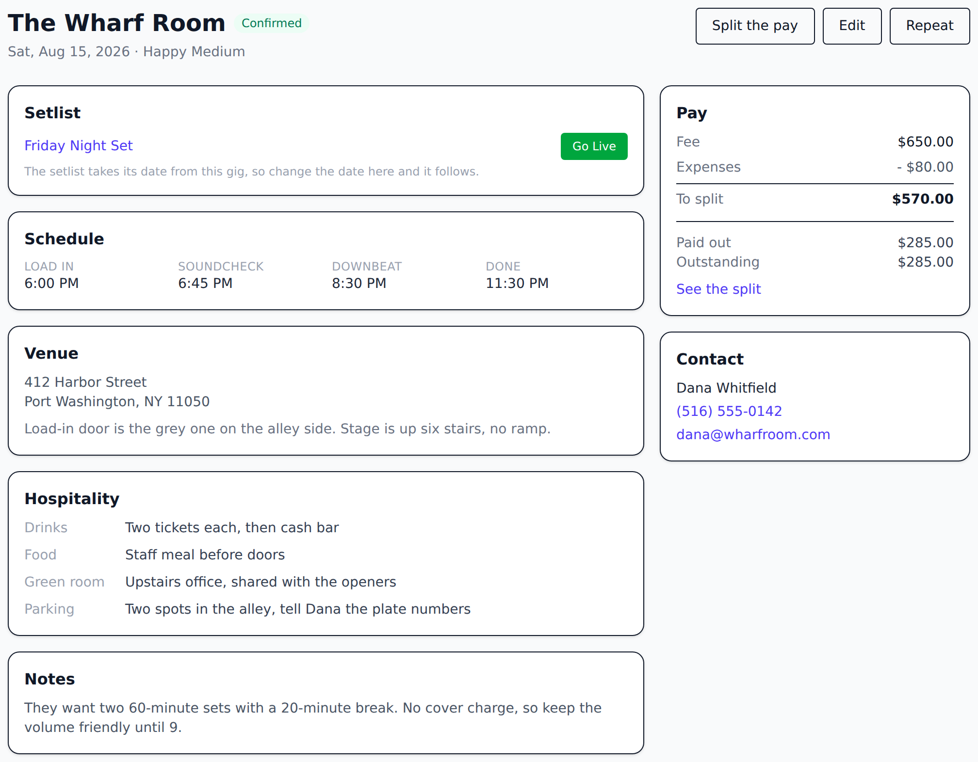 A gig sheet: the venue and date, load-in and downbeat times, the fee and expenses, the venue contact, and what's on the rider.